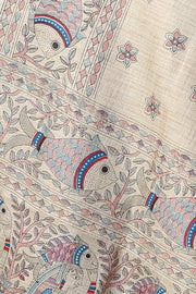 Cream Poly Dupion Dupatta with Traditional Screen Print and Folk Art Design